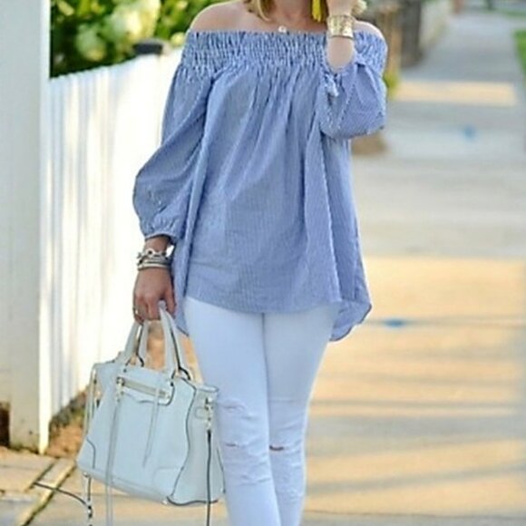 Women’s Off Shoulder Blue Striped Blouse Boho Peasant Size Small Smocked Bardot - Picture 1 of 13
